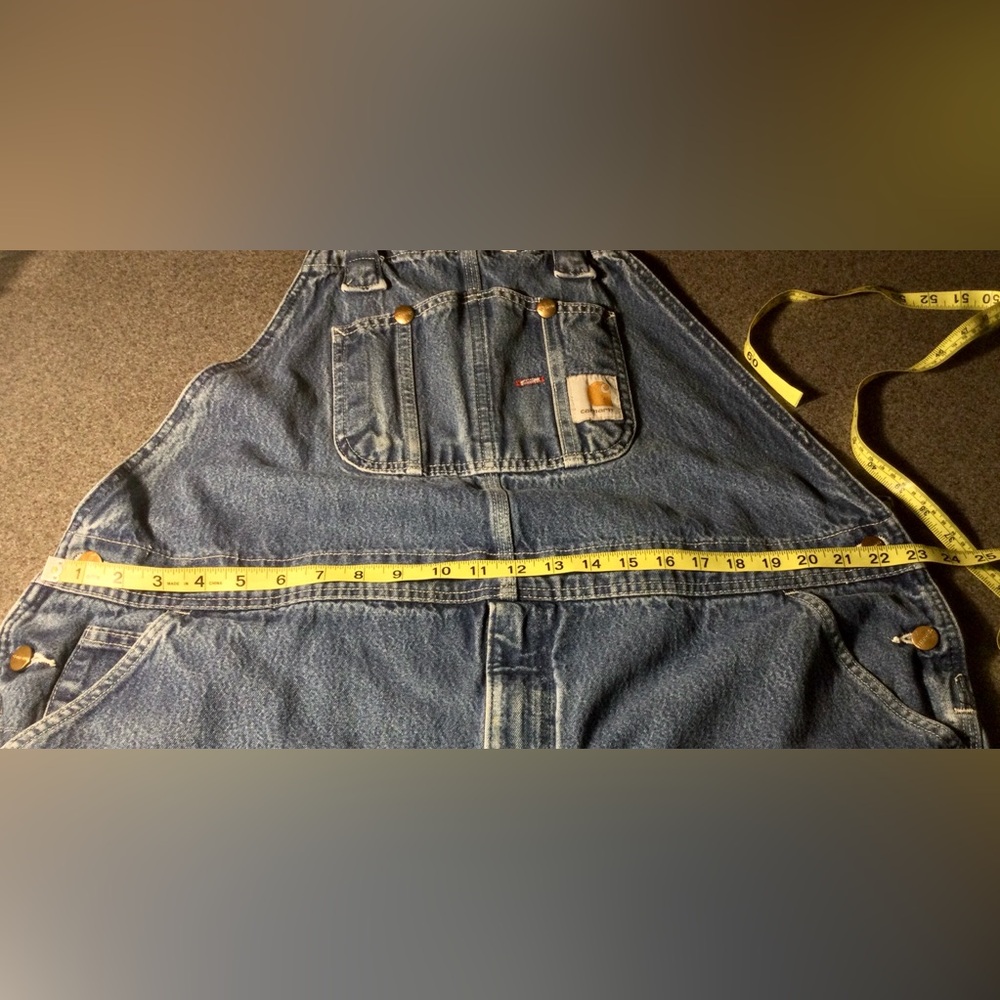 Carhartt Bib Overalls Mens 46x32 Blue Denim R08DNM Paint Splatter Workwear - Picture 5 of 9